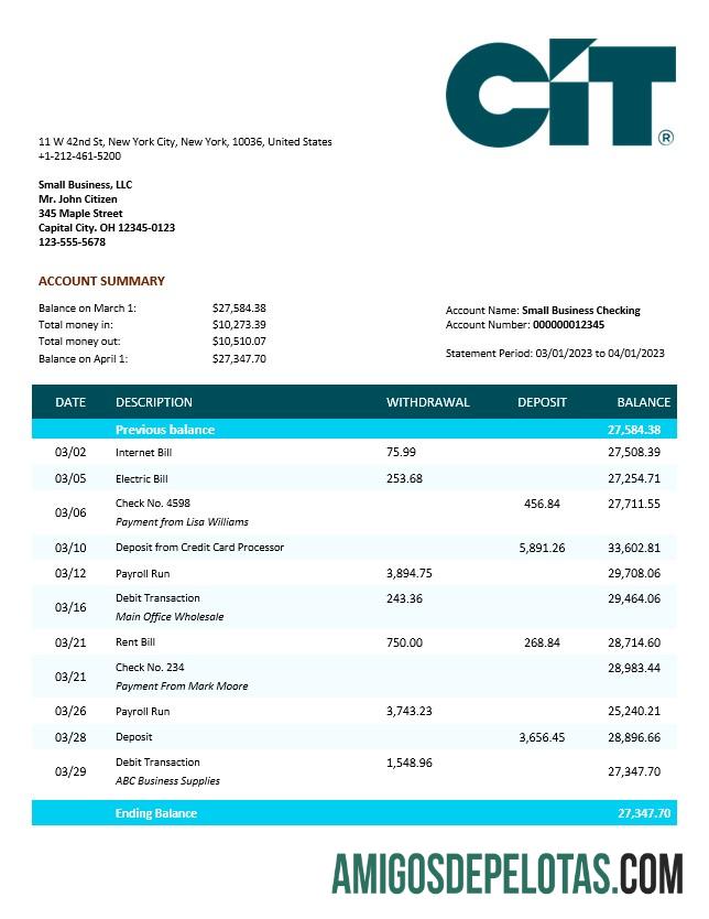 Em branco Extrato de conta corrente comercial do CIT Bank modelo Word e PDF
